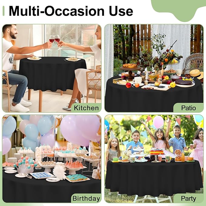 misaya 6 Packs Disposable Plastic Table Cloth, 84" Round Waterproof Tablecloth, Leakproof & Sturdy Decorative Table Covers for Easter, Picnic, Party and Outdoor, Black