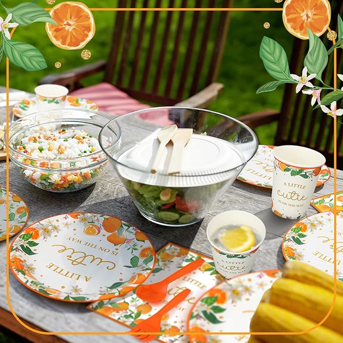 350 Pcs a Little Cutie Is on The Way Baby Shower Tableware Set, Baby Shower Plates Napkins Cups Dessert Forks Disposable Supplies for 50 Guests, Cute Orange Party Decoration