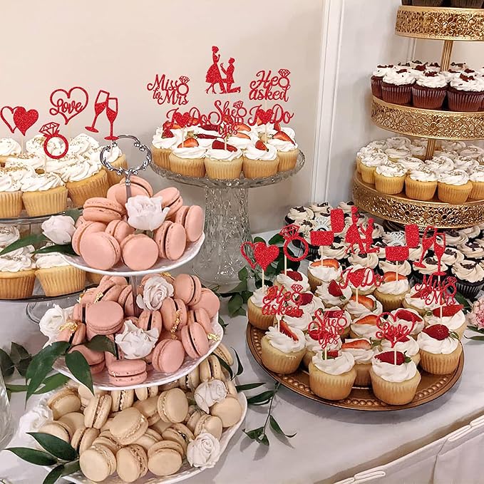 30 PCS He Asked She Said Yes Cupcake Toppers Glitter Engagement Cupcake Toppers Miss to Mrs I Do Love Heart Ring Miss to Mrs Cupcake Picks for Wedding Engagement Party Cake Decorations Supplies Red