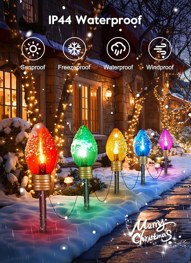 2 Pack Outdoor Christmas Decorations - Jumbo Xmas String Lights or Pathway Markers - Large Multicolored Bulbs Hanging Lights Waterproof Lawn Decoration for Holiday Home Tree Roof Yard Garden