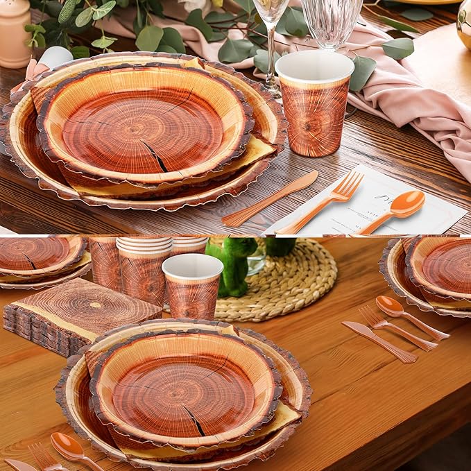 350 Pcs Camping Wood Grain Slice Tableware for 50 Guests Rustic Camo Hunter Plates Disposable Napkins Cups Plates Cutlery Hunting Plastic Knives Fork Spoon for Camping Party