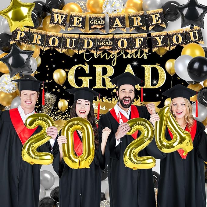 204Pcs Graduation Party Decorations Class of 2024- Graduation Party Supplies with Grad Backdrop, Banners, Balloons Kit,Paper Plates,Cups,Napkins,Cutlery,Tablecloth and CupCake Toppers-Black & Gold