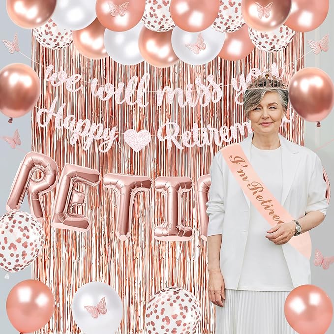 Holkcog Happy Retirement & We Will Miss You Party Decorations, Rose Gold Retirement Decor for Coworker, Retired Crown and Sash, Banner, Balloons, Farewell Party Set, Office Retired Party Supply