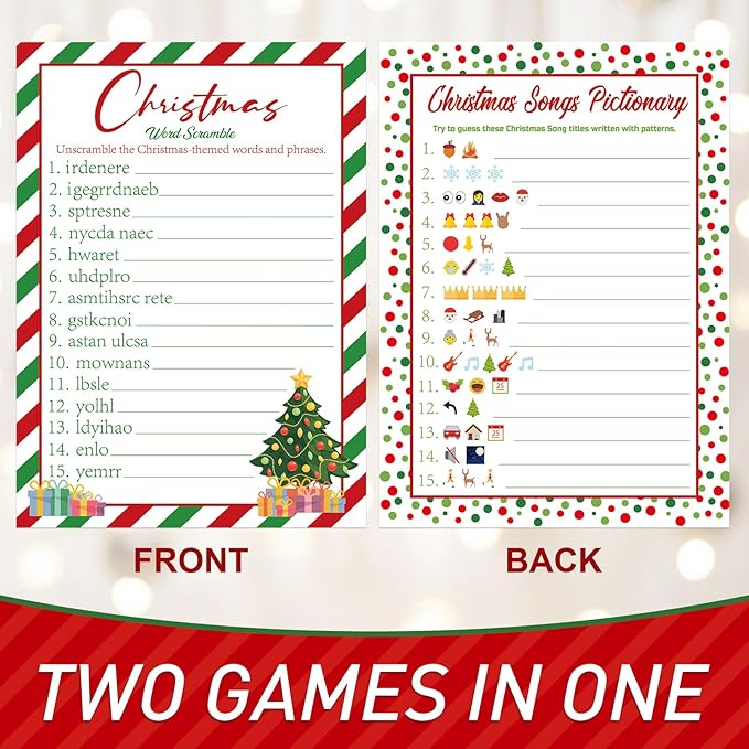 COCHIE 30 Players Christmas Party Games for Adults Family Office Large Groups, Xmas Parties Songs Pictionary Game, Guesstures Game, Word Scramble Games with Answer Key (Christmas Tree)