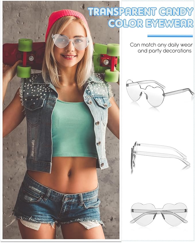 Photect 12 Pair Heart Shaped Sunglasses Neon Color Transparent Heart Glasses for Women Party Favor