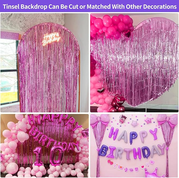 Pink Backdrop Birthday Party Decorations 3.3x8.2ft, 2 Pack Tinsel Foil Fringe Curtains for Valentines Day, Door Streamers for Galentines Easter Mother's Day Friendsgiving Barbie Princess Wedding