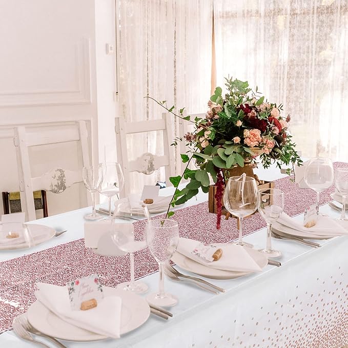 Tablecloth and Sequin Table Runner Set Polka Dots Confetti Table Cover Dining Plastic Table Cloths Glitter Decorations for Birthday Wedding Anniversary Party Supplies (White, Rose Gold, 2 Pcs)