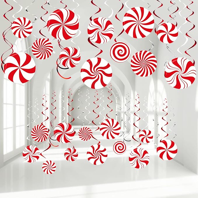 Funrous 54 Pcs Christmas Peppermint Candy Hanging Decorations Christmas Candies Ceiling Hanging Swirls Xmas Party Ceiling Whirl Streamers for Xmas Holiday Party Decor(Red White)