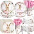 Bunny Birthday Decorations Tableware, Bunny Party Supplies, Paper Plate, Cup, Napkin, Tablecloth, Cutlery, Rabbit Bunny Party Decorations For Easter 1st 2nd Birthday, Serves 24