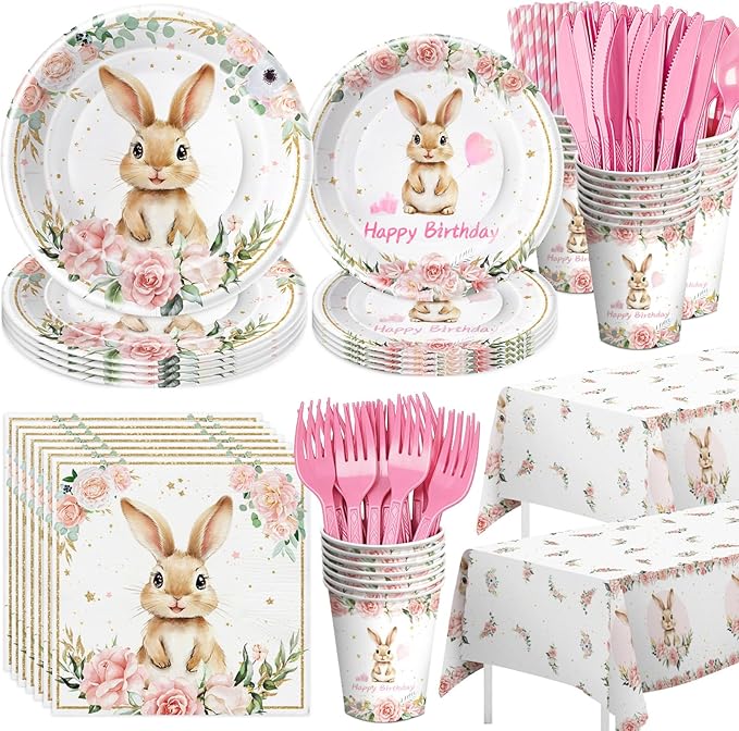 Bunny Birthday Decorations Tableware, Bunny Party Supplies, Paper Plate, Cup, Napkin, Tablecloth, Cutlery, Rabbit Bunny Party Decorations For Easter 1st 2nd Birthday, Serves 24