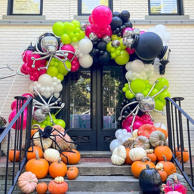 Halloween Balloon Arch Garland Kit, Neon Pink Green and Black White Party Balloons with Disco DIY Spider & 3D Spider Decor for Halloween Birthday Baby Shower Party Decorations