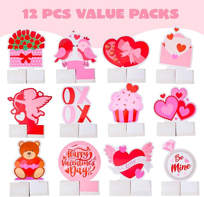 JOYIN 12 Pcs Valentine's Day Honeycomb Centerpieces, Table Decorations with Red Pink Heart Bear , Centerpieces Decor for Kids Birthday Valentine's Day Party Supplies
