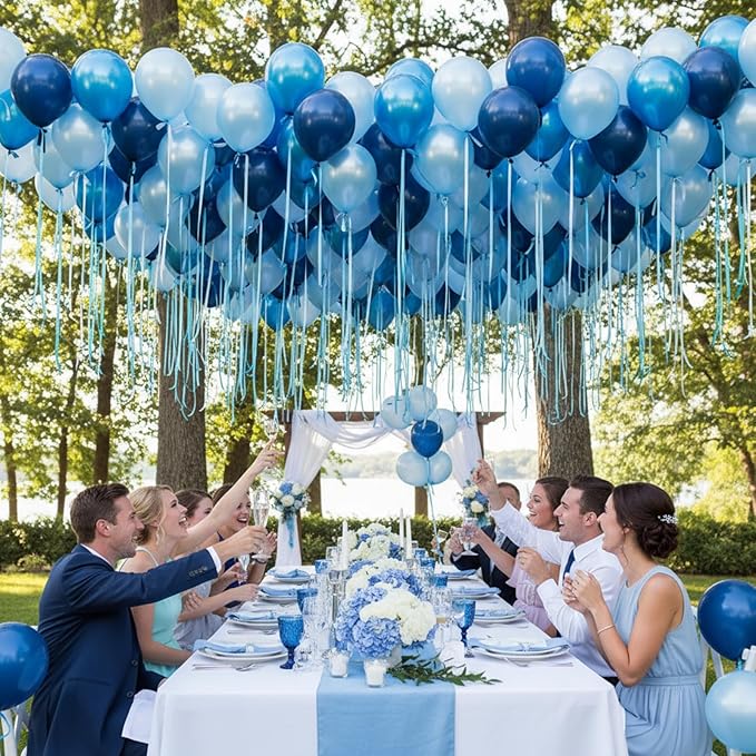 TaoBary 24 Set Pastel Blue Party Balloons, 12inch Gradient Blue Rainbow Latex Balloons and Gradient Ribbon Bows with Twist Tie for Baby Shower Birthday Party Bridal Shower Decor