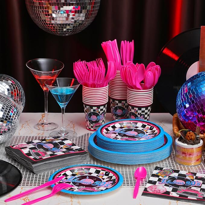 Yungyan 252 Pcs 50s Party Supplies Fabulous 1950s Plates and Napkins Disposable Back to the 50s Napkin Plate Cup 1950s Rock Music Record Decorations Retro Sock Hop Tableware Serves 36 Guests