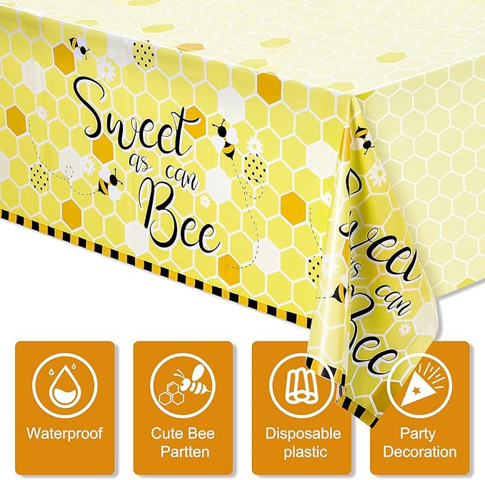 Tatuo 3 Packs Bee Plastic Tablecloths - 54 x 108 Inches Sweet as Can Bee Decorative Table Cover Honey Party Tablecloth Set for Birthday Baby Shower Gender Reveal Party Decorations