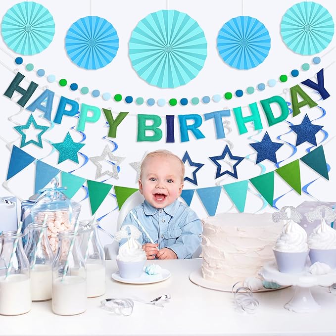 Pre-Strung Happy Birthday Banner, Reusable Felt Birthday Party Decorations, 3D Effect Happy Birthday Sign with Felt Ball Garland, Pennant Flag, Hanging Paper Fans for Men Women Boy Girls (Blue)