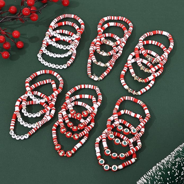 Cooluckday 36 Pcs Holiday Heishi Surfer Bracelets for Women Bulk Easter Mother's Day Christmas St. Patrick's Day Mardi Gras Bracelet Stackable Stretch Friendship Bracelets Set