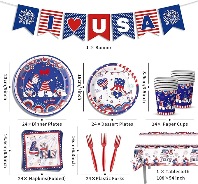 122 PCS 4th of July Plates and Napkins Sets, Independence Day Party Supplies Include Patriotic Plates and Napkins,Cups,Forks,Banner and Tablecloth for Patriotic 4th of July Party Decorations, Serve 24