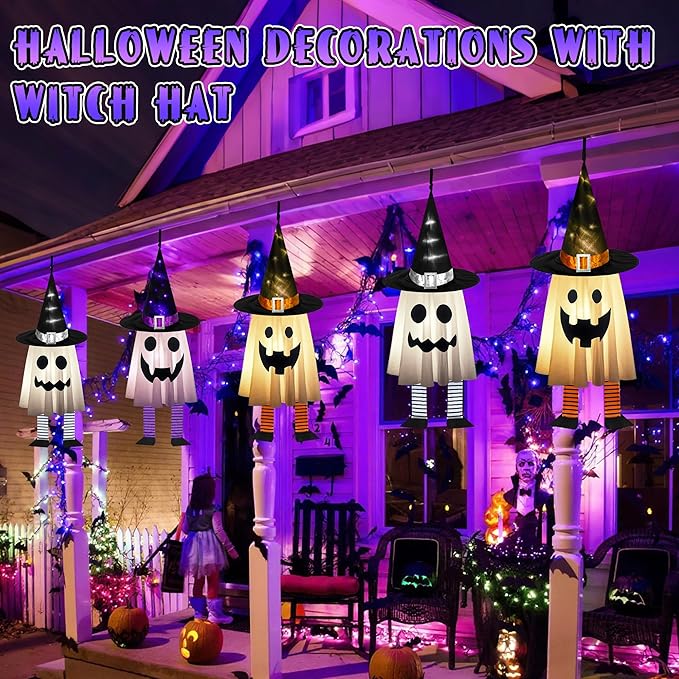 Halloween Decorations Outdoor - 3PCS Halloween Hanging Light up Ghosts, Orange & Purple & White Spooky Glowing Ghost Witch Hat for Garden Yard Tree Haunted Houses Indoor Outside