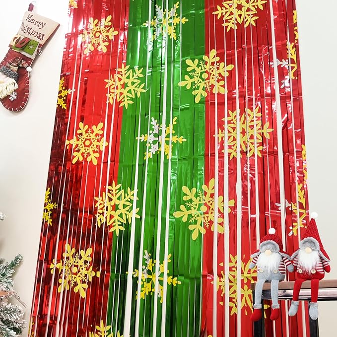 Christmas Party Decorations - 2 Pack Foil Fringe Curtains 3.3 X 6.6 ft Red Green Snowflake Tinsel Streamers Photo Backdrop for New Year, Ugly Sweater Party Decor