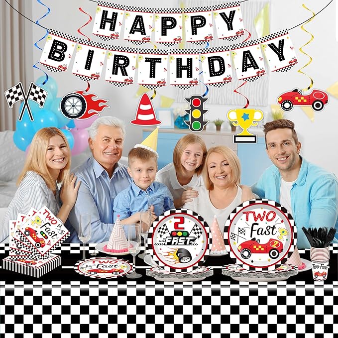 184pcs Two Fast Birthday Party Supplies Set Includes Racing Car Plates Napkins Tablecloth Swirl Banner Tableware Kit Dispose 2nd Birthday Table Decorations Favors, Serve 25