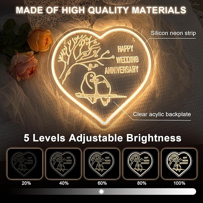 Lucunstar Wedding Neon Sign Happy Anniversary LED Sign for Wall Decor Valentines Day LED Light Love Signs Heart Decor in Wedding Party Bedroom Home Love Gifts for Couple in Anniversary Party