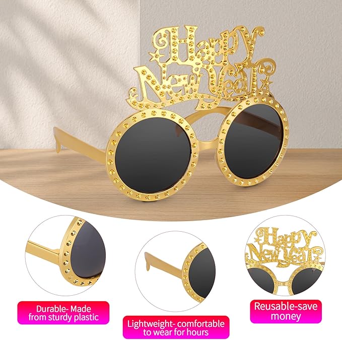 Happy New Year Metallic Glasses Shiny 2026 Party Eyeglasses for Adults & Kids Fun NYE Accessories & Photo Booth Props