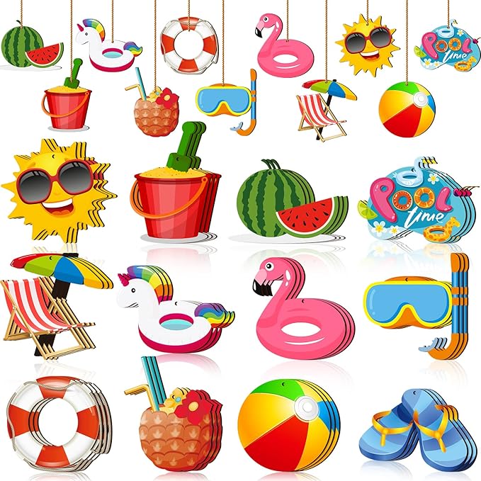 Chunful 36 Pieces Summer Tree Ornaments Christmas in July Wood Hanging Decoration Beach Wooden Slices Winter Tree Ornaments with String for Luau Hawaiian Party Supplies (Pool Style)