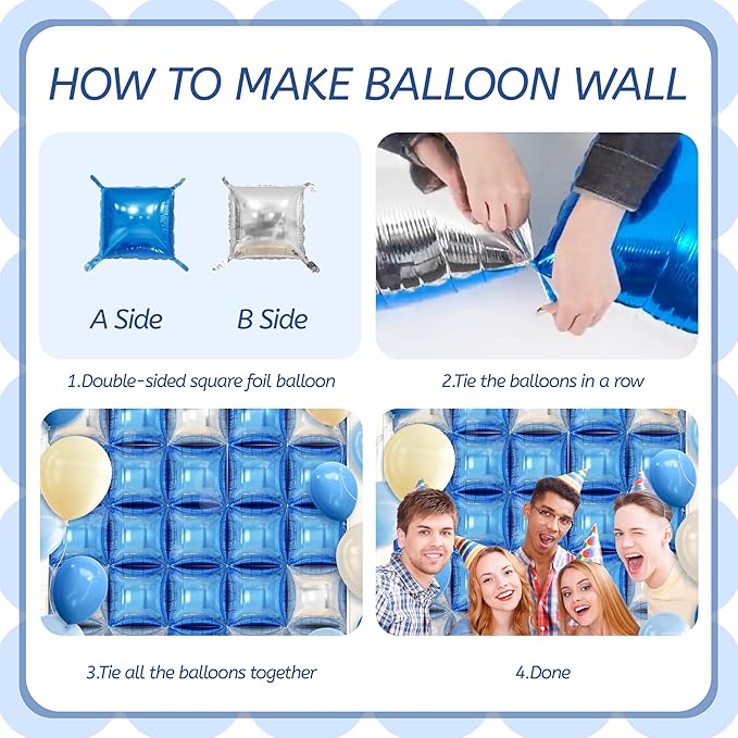 50PCS Blue and Silver Balloon Wall, 19'' Reusable DIY Mylar Double Side Square Balloons Garland Tunnel Arch Kit for Baby Shower Anniversary Bachelorette Birthday Engagement Bridal Decor