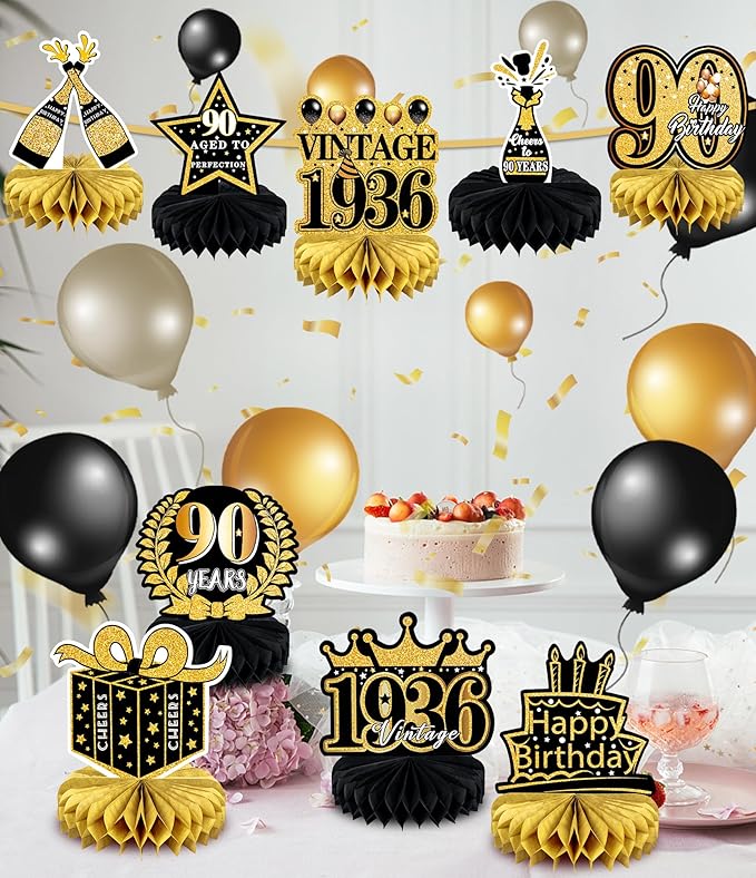 9 Pcs 90th Birthday Decoration for Men Women 90th birthday Centerpieces for Tables Decorations Cheers to 90 Years 1936 Birthday Honeycomb Table Topper Black and Gold 90th Birthday Party Favors