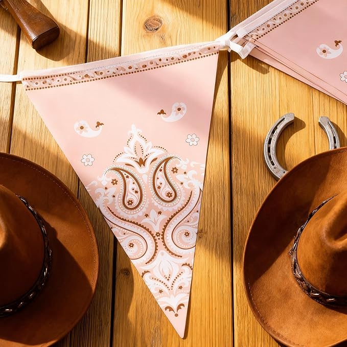 Boao 5 Pack Western Cowboy Party Decorations Bandana Pennant Banner Wild West Decor Western Cowboy Themed Yee Haw Country Party Decoration Supplies 9.8 x 5 ft(Brown Paisley)