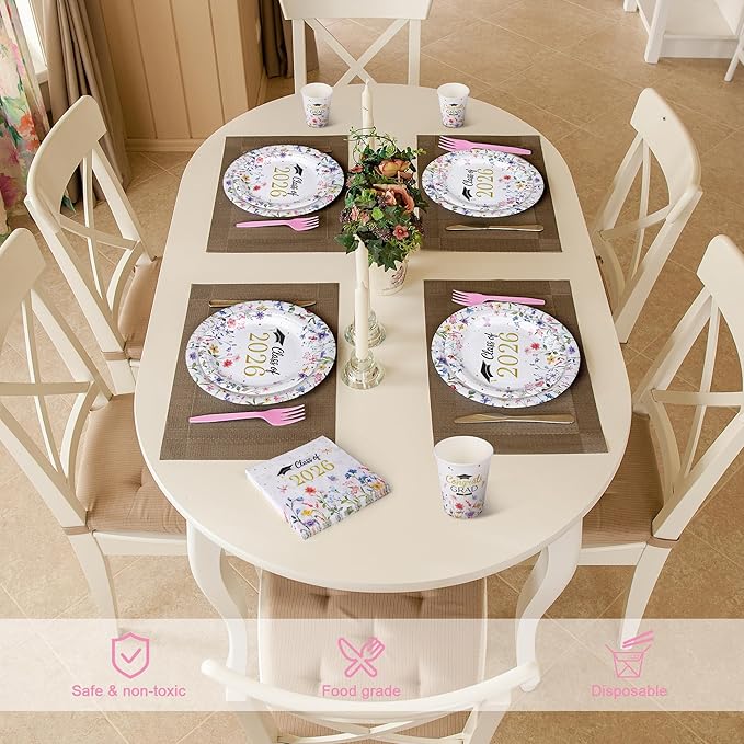 Kochorie 144 Pieces Class of 2026 Graduation Party Supplies, Congrats Grad Tableware Sets Including Disposable Paper Plates Napkins Cups Forks Serves 24 for Floral Graduation Party Decorations