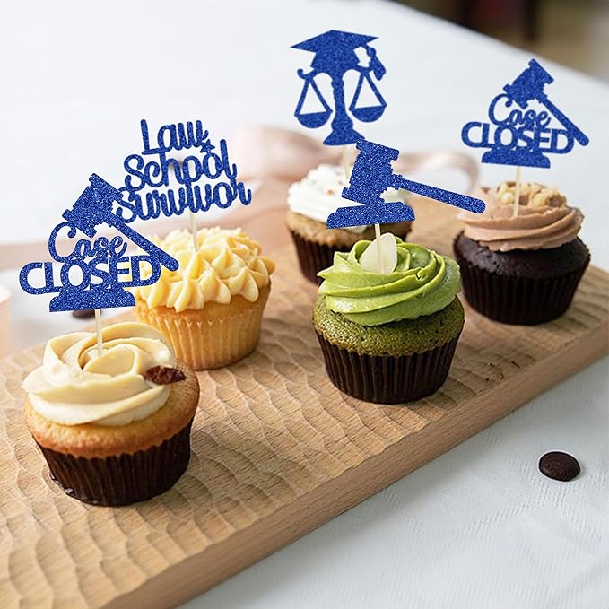 Gyufise 24Pcs 2026 Lawyer Graduation Cupcake Toppers Blue Glitter Class Of 2026 Lawyer Grad Cake Toppers Cap Diploma Case Closed Cupcake Picks 2026 Graduation Theme Party Cake Decorations Supplies