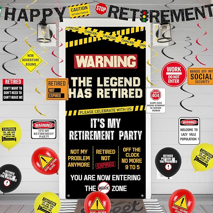 Roetyce Retirement Decorations Men Women, Caution Logos Happy Retirement Banner Balloons Hanging Swirls Kit, Funny Legend Retired Party Supplies Backdrop for Coworker Family, Retired Door Wall Signs