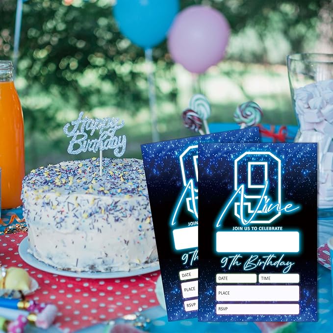 SIXEIGHT Blue 9th Birthday Party Invitations for Kids, Glow Neon 9th Birthday Invitations for Boys Girls, 20 Pack Blue Invites with Envelopes, Glow Neon Party Decorations Supplies, 4"x6"-C09