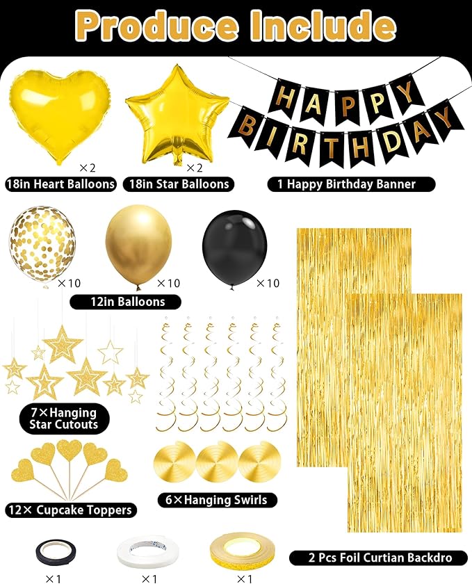 Black Gold Happy Birthday Party Decorations, Happy Birthday Banner, Black Gold Foil Heart Star Confetti Balloons Curtain Backdrop Hanging Swirls Party Decor for Boys Men