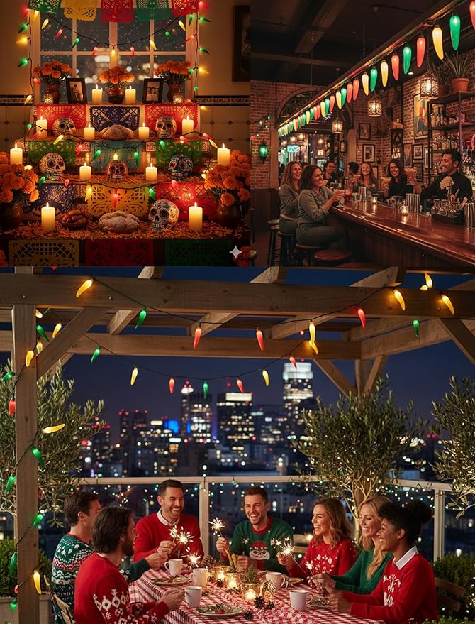 Multicolor Chili Pepper Christmas Lights Plug in, 13.6Ft Outdoor Christmas Decorations Lights with 35 LED Red Green and Yellow Chili Pepper Fiesta Light for Kitchen Patio Mexican Party Bar Garden