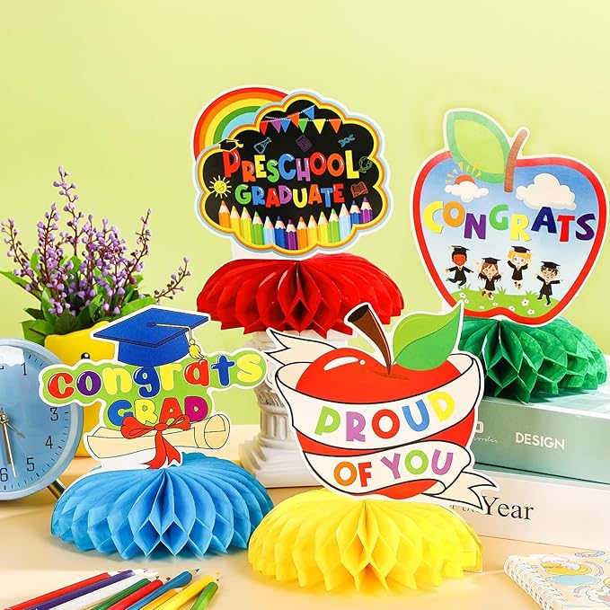 JULMELON 8PCS Preschool Graduation Party Decorations 2026 Honeycomb Centerpiece, 3D Kindergarten Graduations Centerpieces for Tables Congrats Grad Table Toppers for Prek Graduation Party Supplies