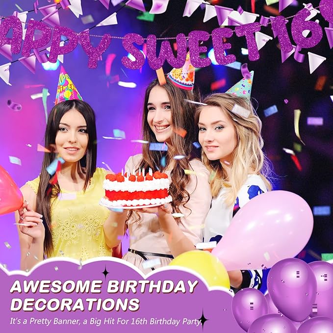 Fulmoon Pre Strung Happy Sweet 16 Banner Glitter Sixteenth Birthday Party Decorations 16th Party Sign Sweet 16 Party Decorations for Birthday Party Bachelorette Party(Dark Purple)