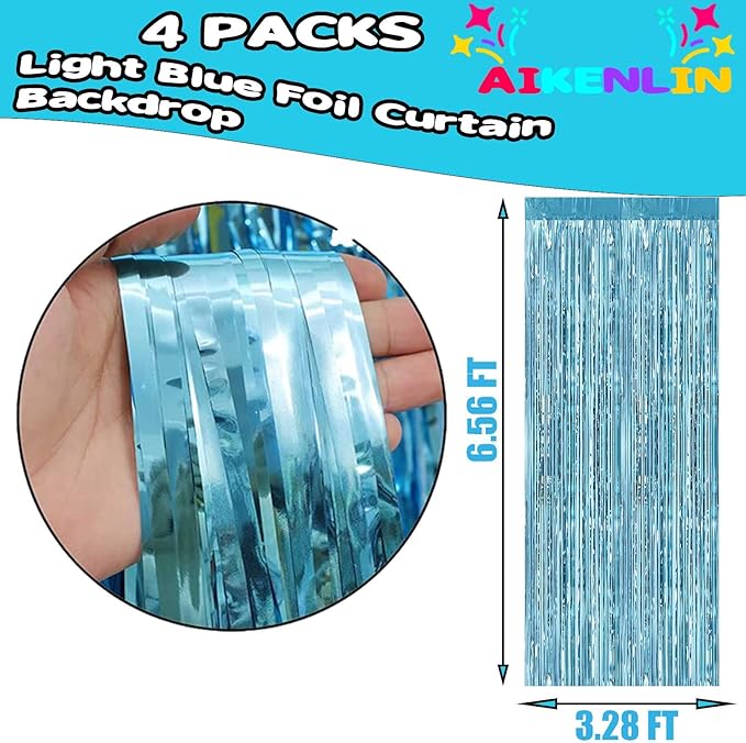 4 Pack 3.3Ft x 6.6Ft Light Blue Foil Fringe Curtain Backdrop, Metallic Tinsel Foil Fringe Streamers Curtains Background for Photo Booth, Birthday, Wedding, Halloween, Christmas Party Decoration
