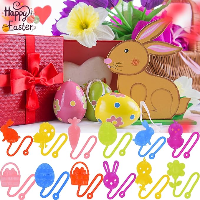 24 Pack Easter Sticky Hand Toys with 24 Pcs Plastic Easter Eggs, 9 Styles Easter Sticky Stretchy Toys for Kids Boys Girls Easter Basket Stuffers Egg Fillers Party Favors Gifts