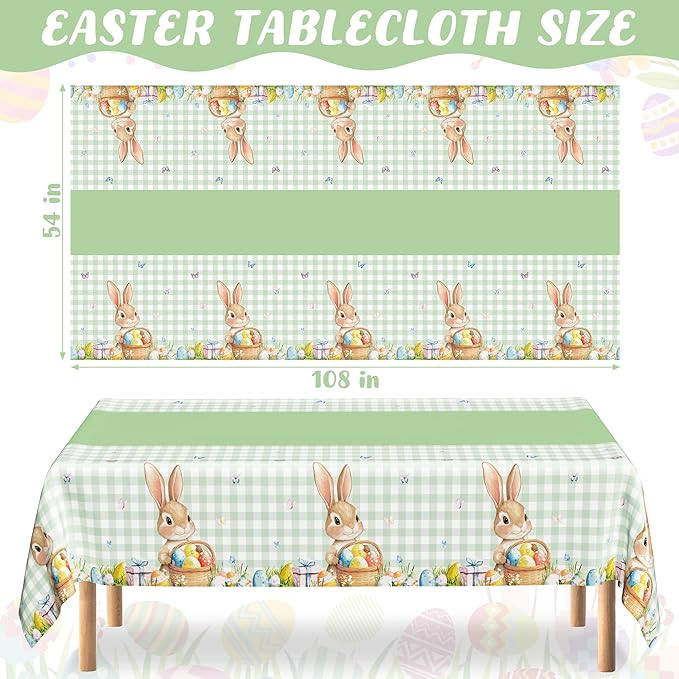 6 Pack Easter Tablecloth, 54" x 108" Disposable Easter Decorations Spring Tablecloth, Sage Green Bunny Plaid Easter Table Cloths, Rectangle Plastic Table Cover for Spring Party Decorations Supplies