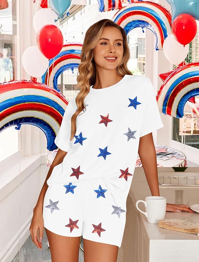 VILOVE 4th of July 2 Piece Sequin Outfits Women 250 Anniversary Usa Shirts and Short Sets Casual Patriotic Shirt Summer Set