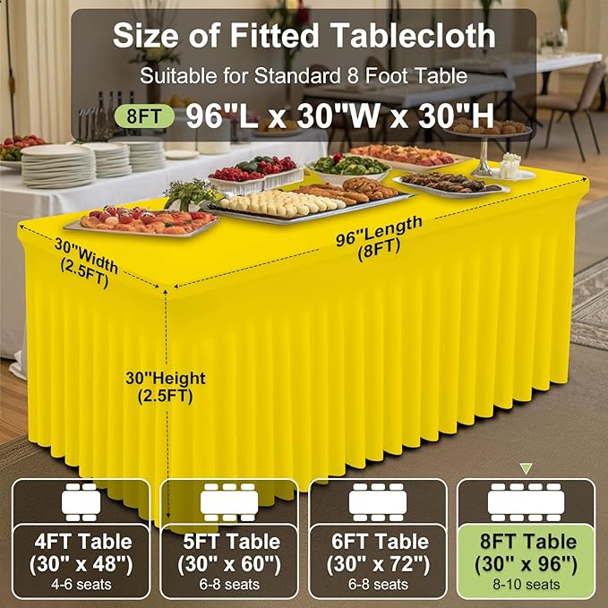 Smiry Spandex Tablecloth, Elastic Fitted Stretch Tablecloth for 8FT Rectangle Tables, Waterproof Washable Table Cover Skirt for Outdoor, Wedding, Banquet & Parties (Yellow, 96Lx30Wx30H Inch)