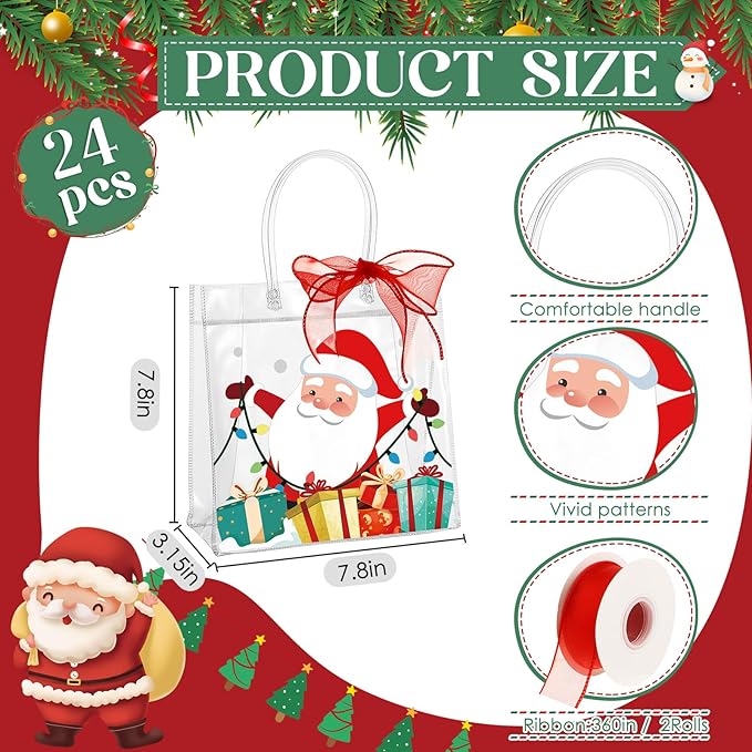 Henoyso Christmas Clear Gift Bags Plastic Candy Treat Goodie Bags Red Foil Santa PVC Wrap Totes with Handles and Ribbon Xmas Party Favors (Santa and Snowman,7.8 x 7.8 x 3.1 Inch,24 Pcs)