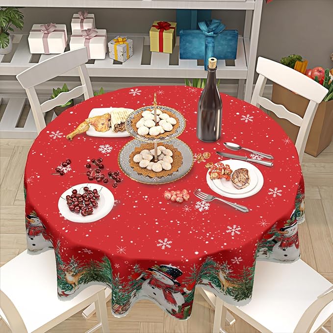 Red Christmas Round Tablecloth 70 Inch Xmas Snowman Pattern Circle Table Cloth Winter Snowflake Table Cover Washable Polyester Decorations for Home Kitchen Dinning Party