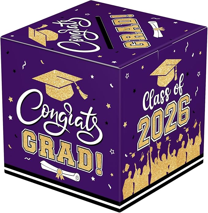 Graduation Card Box 2026 - Congrats Grad Card Boxes Holder, Purple and Gold Class of 2026 Graduation Gift Cards Box for Graduation Party Decorations 2026 Favors Decor Supplies Props,9x 9 x 9 inches