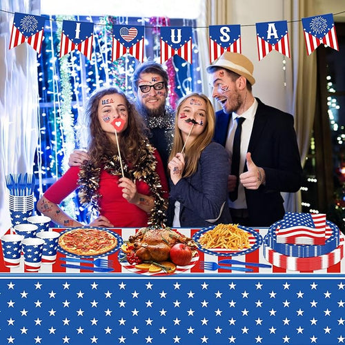 108PCS 4th of July Party Supplies American Flag Tableware Set Forth of July Patriotic Party Decorations Patriotic Paper Plates and Napkins Tablecloth Memorial Independence Day Dinnerware for 16 Guests