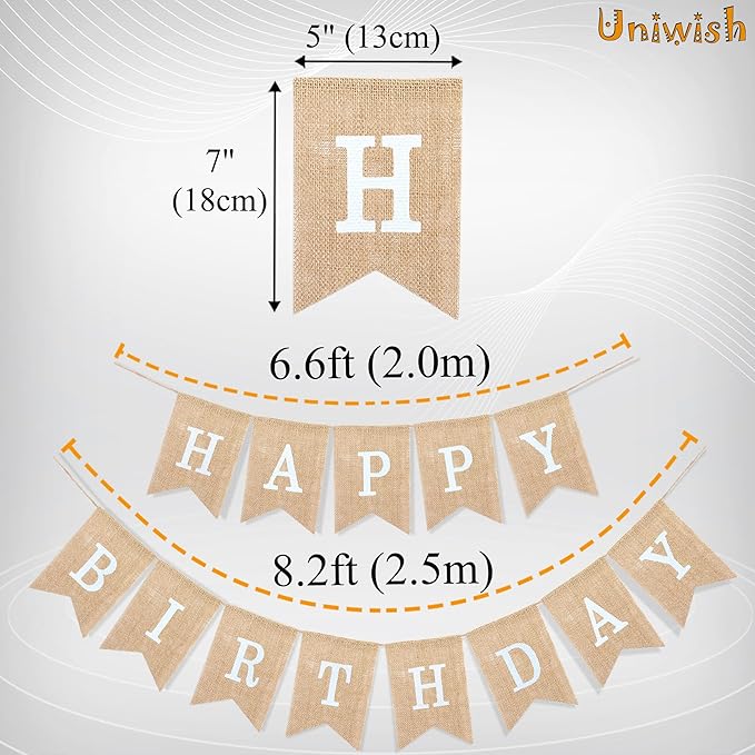 Uniwish Happy Birthday Burlap Banner Neutral Happy Birthday Party Decorations Boho Rustic Bunting Sign Swallowtail Flags, 2 in 1