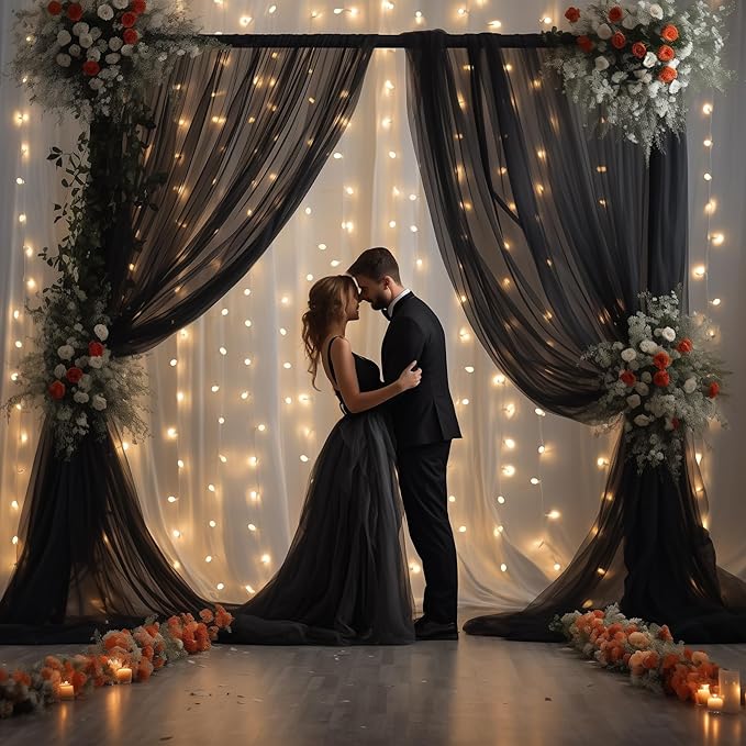 20x8ft Black Tulle Backdrop Curtain with Lights String for Parites, Sheer Backdrop Curtains for Wedding Baby Shower Birthday Party Photo Shoot Decorations